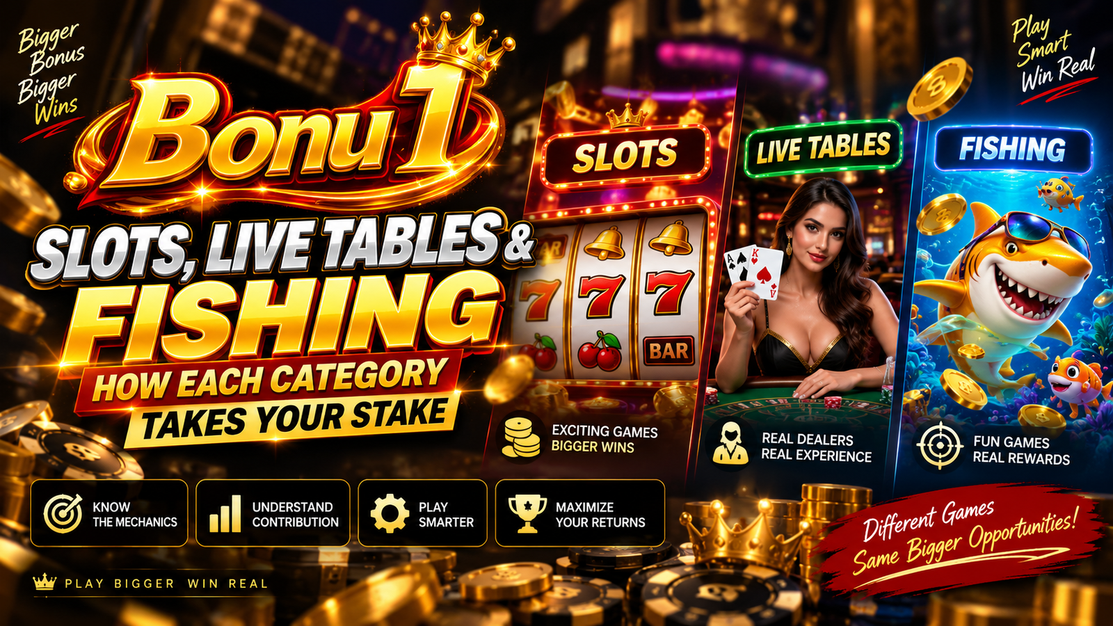 Slots, live tables and fishing — how each Bonu1 game category takes your stake