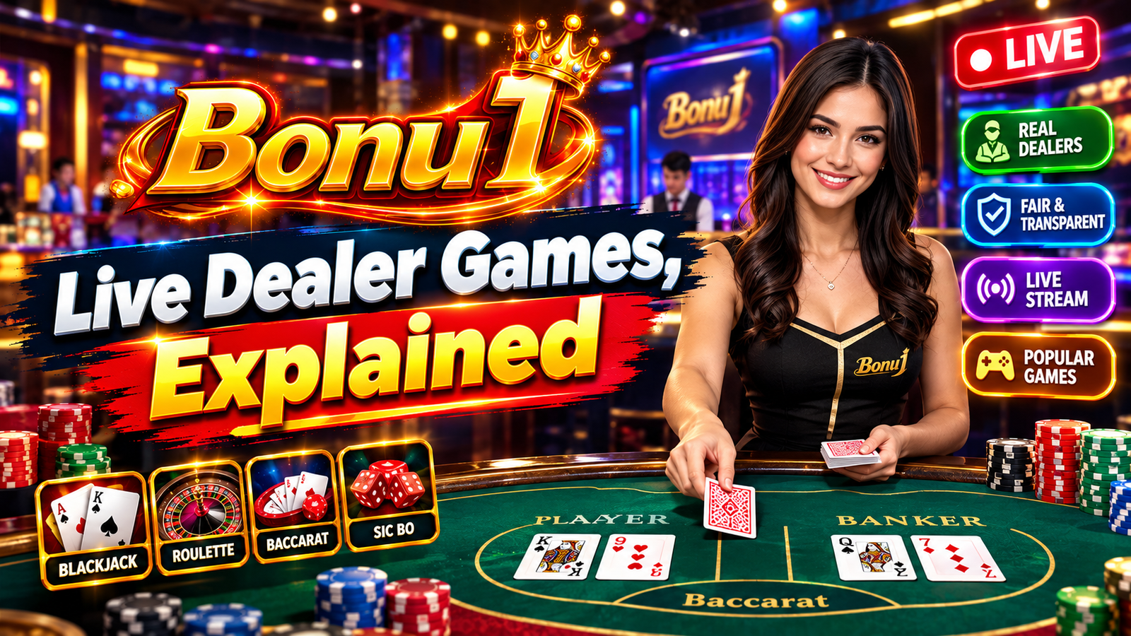 A live dealer studio table with roulette, baccarat and blackjack betting areas shown on a phone screen
