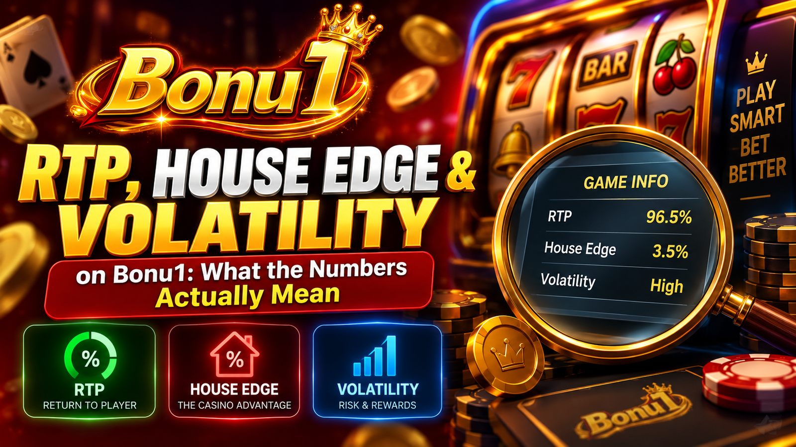 RTP, house edge and volatility broken down with a worked bankroll example comparing low and high volatility
