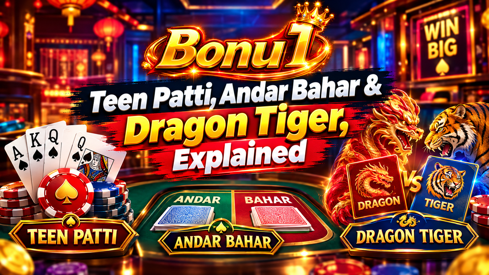 Teen Patti hand rankings alongside Andar Bahar and Dragon Tiger table layouts