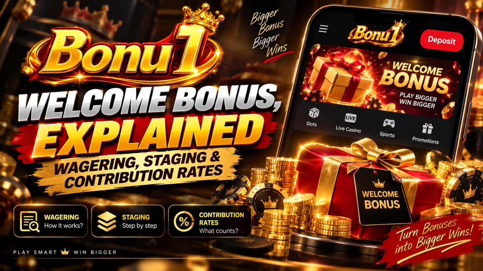 Illustration of the Bonu1 welcome bonus broken into staged tranches with wagering conditions
